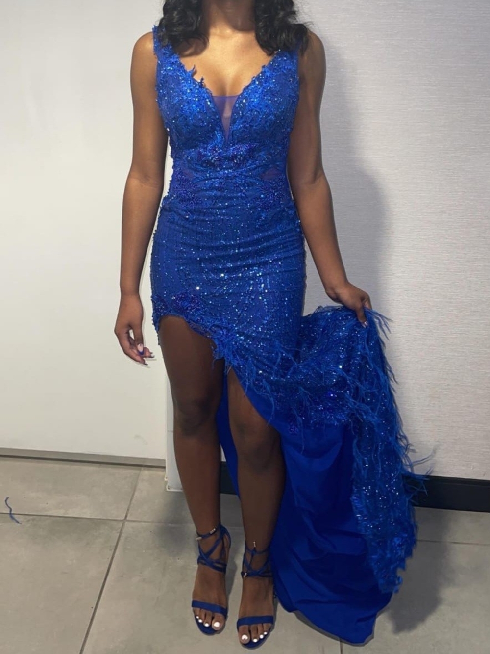 Portia and Scarlett Royal Blue High-Low Sequin Feather Gown
